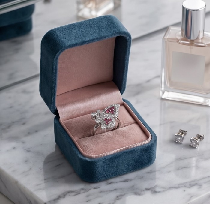 Giovanna - Authentic 1.9 carat Ruby .925 Sterling Silver dipped in rhodium handcrafted Statement Ring size 8 - Butterfly ring in velvet box, top view on marble table.