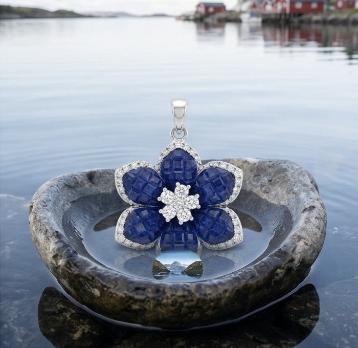 Precious Sapphire - authentic mysery setting 8.2 carat Sapphire .925 Sterling Silver Eternity handcrafted PENDANT - Blue sapphire floral pendant on a stone by the water