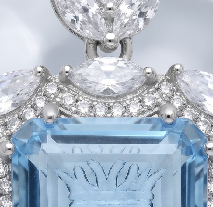 Vintage style boquette cut 12.8 carat Swiss Blue Topaz .925 Sterling Silver DIPPED IN RHODIUM handmade Pendant - Close-up of vintage Swiss Blue Topaz and diamond accents.