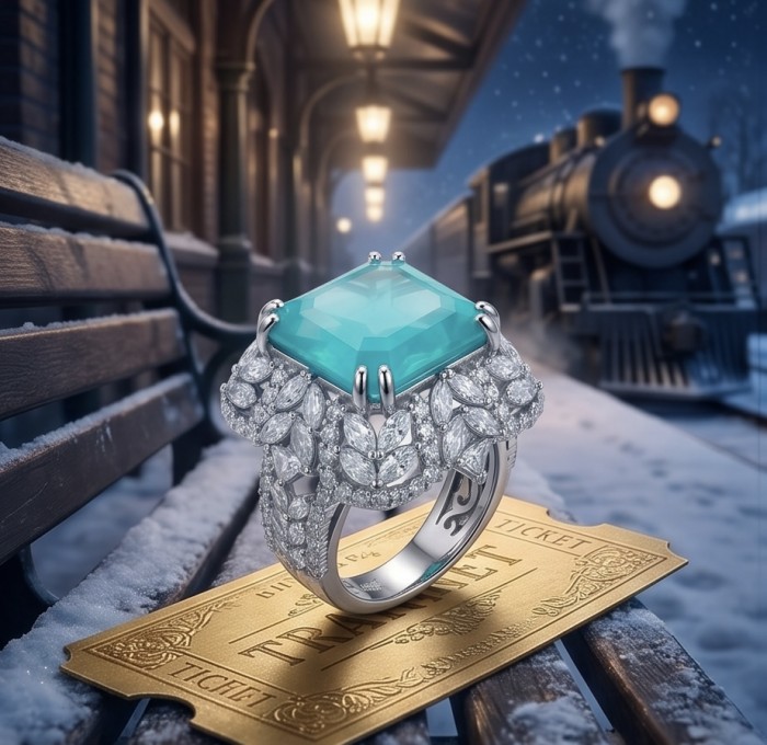 Elizabeth princess cut 14.8 carat Colombian Emerald 15.3 carat Moissanite .925 Sterling Silver dipped in Rhodium handcrafted Ring size 7 - Emerald ring close-up on a train ticket at snowy station with train.