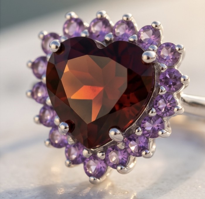 Natural 4.8 carat Mozambique Ruby .925 Sterling Silver Handcrafted Cocktail Ring s. 9 - Close-up of heart-shaped ruby ring with purple accent stones.