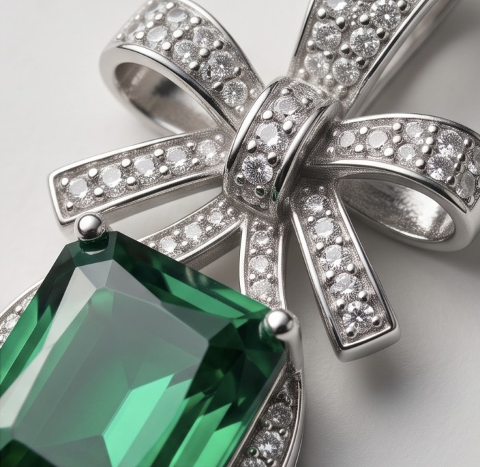 Stella 3.8 carat COLOMBIAN Emerald .925 Sterling Silver handmade Earrings - Close-up of emerald and silver pendant with bow design.
