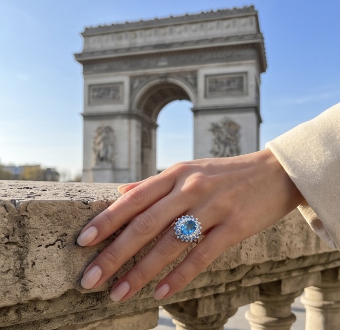 Paris Sky Blue 8.8 carat Swiss Blue Topaz .925 Sterling Silver dipped in rhodium handcrafted ring size 7 - Topaz ring worn on hand with Arc de Triomphe in the background