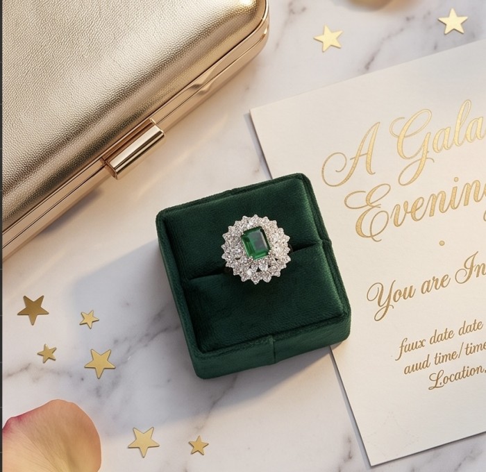 Giovanna - Authentic 4.4 carat COLOMBIAN EMERALD .925 Sterling Silver dipped in rhodium handcrafted Statement Ring size 8 - Emerald ring in box with invitation and clutch, top view.