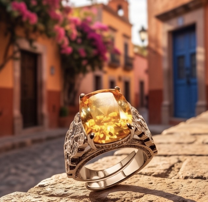 Authentic oval cut 9.2 carat Golden Topaz 14K White Gold over .925 Sterling Silver ring s. 7 - Golden Topaz ring close-up on cobblestone street background.