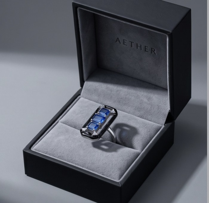 Art Deco 6.2 carat Sapphire black enamel .925 Sterling Silver handcrafted Ring size 7 1/2 - Art Deco sapphire ring in box, top view