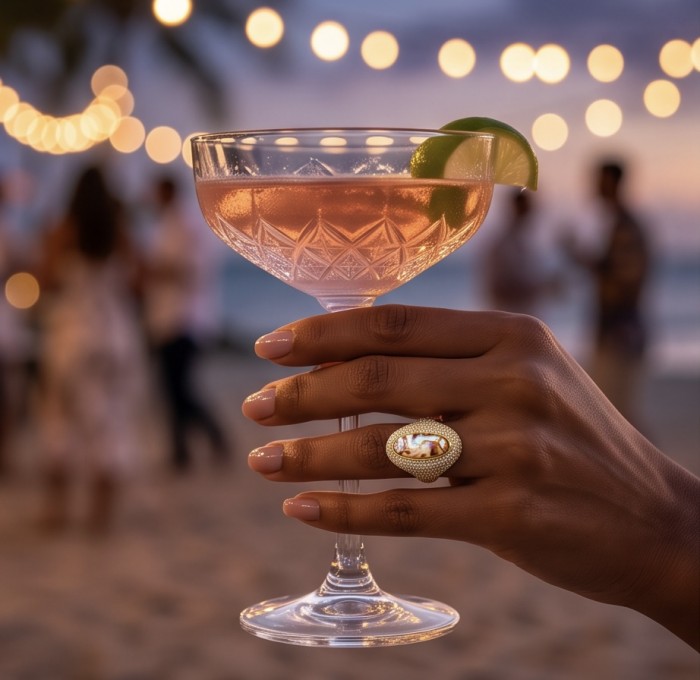 Large Genuine Rainbow Abalone lab. grown Diamond 18K Gold over .925 Sterling Silver handcrafted Large ring; s. 7 - Hand wearing abalone diamond ring holding cocktail glass, beach party backdrop.