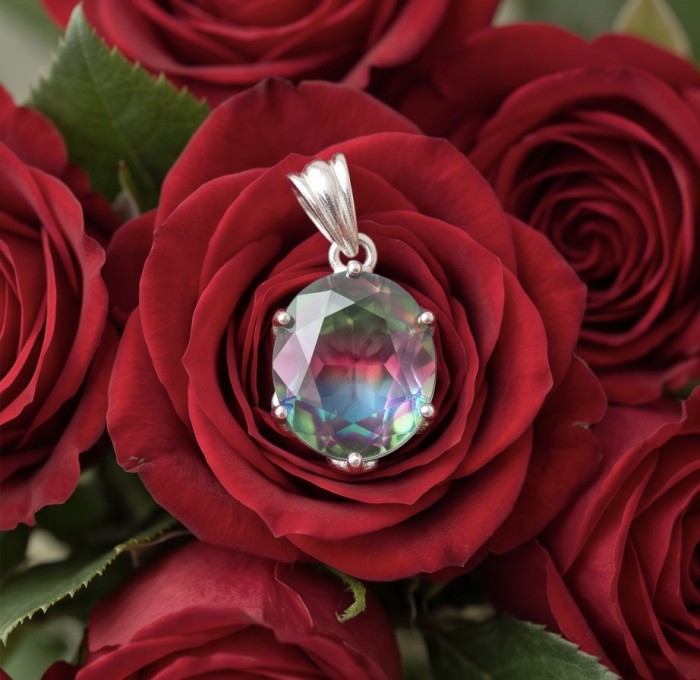 5.2 carat oval cut Brazilian Tourmaline .925 Sterling Silver Perfectly handcrafted pendant - Tourmaline pendant on roses, close-up detail of stone and setting.