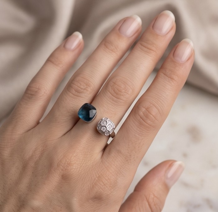 Atlantica fancy asscher cut 5.9 carat authentic Grandidierite rhodium over .925 Sterling Silver Handcrafted Ring size 6 - Atlantica ring with Grandidierit, worn on hand, close-up view.