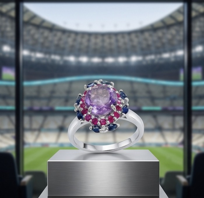 Stella 5.4 carat Amethyst rhodium over .925 Sterling Silver Handcrafted Ring size 8 - Stella 5.4 ct Amethyst ring, front view, in a stadium setting.