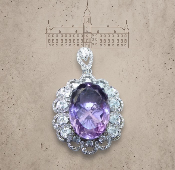 Mademoiselle - 26.5 carat natural Amethyst .925 Sterling Silver dipped in rhodium handcrafted Pendant - Amethyst pendant, front view, 26.5 carat, .925 Sterling Silver setting