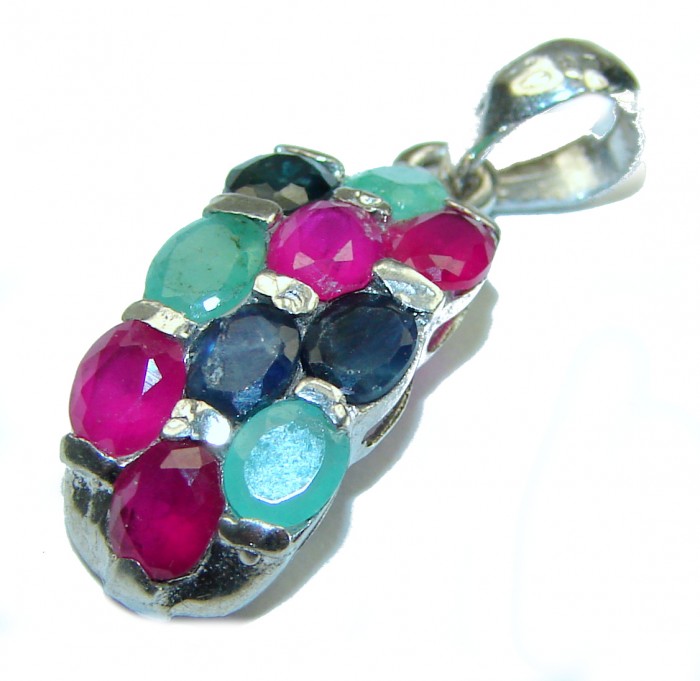 Precious Genuine Ruby Emerald Sapphire .925 Sterling Silver handmade Pendant - photo 2