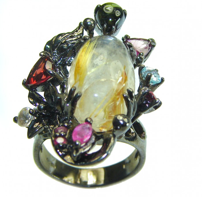 Pure Magic Best quality 9.5 carat Golden Rutilated Quartz black rhodium over .925 Sterling Silver handcrafted Ring Size 7 - photo 4