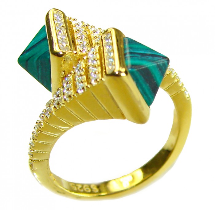 Outstanding authentic 5.9 carat Malachite 18K Gold over .925 Sterling Silver handcrafted ring size 6 - Side view of 5.9 carat Malachite ring in 18K Gold over .925 silver