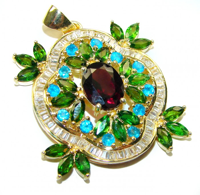 Luxurious 4.2 carat Ruby Emerald 14K Gold over .925 Sterling Silver handmade Pendant - Luxurious pendant with ruby and emerald, front view, gold setting.