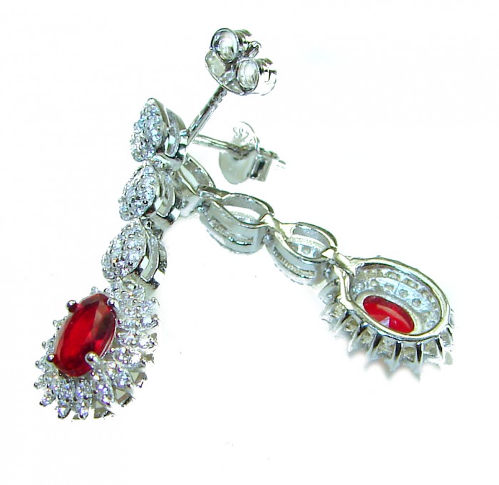 Pure Luxury 4.2 carat natural Ruby .925 Sterling Silver handmade Statement earrings - Ruby earrings in sterling silver, side view with stone close-up.