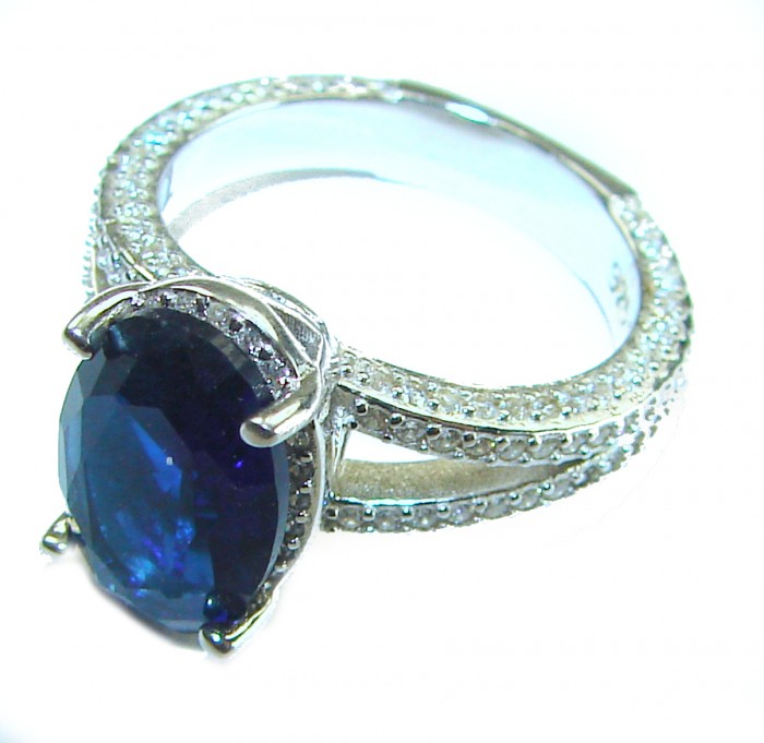 Luxurious 7.8 carat Sapphire .925 Sterling Silver handcrafted Ring size 6 - Side view of luxurious sapphire ring in sterling silver setting