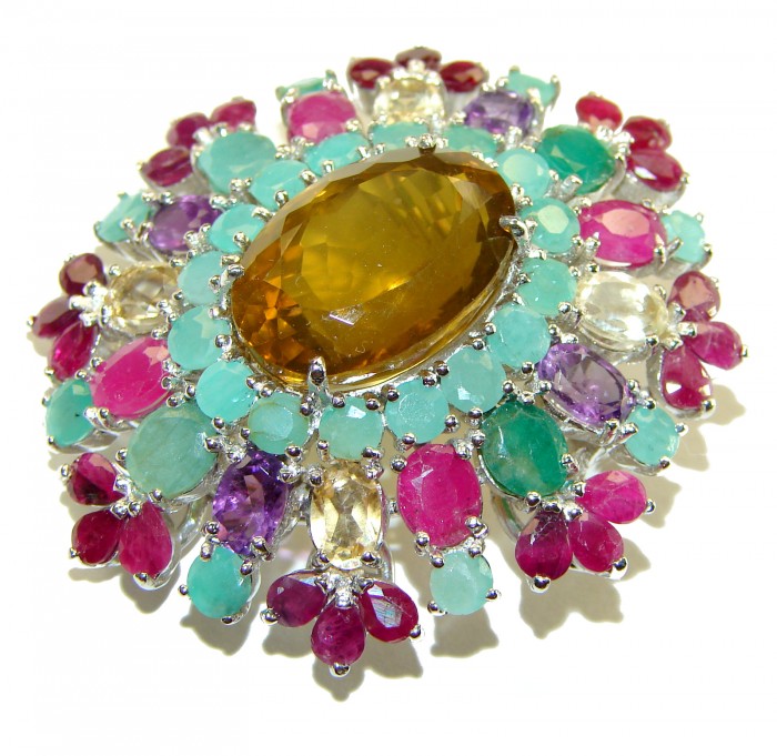 Luxury genuine 48.5 CARAT Champagne Topaz .925 Sterling Silver handmade Pendant Brooch - Top view of multicolored gemstone brooch with large champagne topaz.