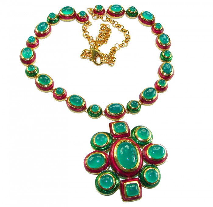 Authentic 155.8 carat Jade red Enamel .925 Sterling Silver dipped in real 18K Gold over handcrafted necklace - Necklace with jade stones and red enamel, top view.