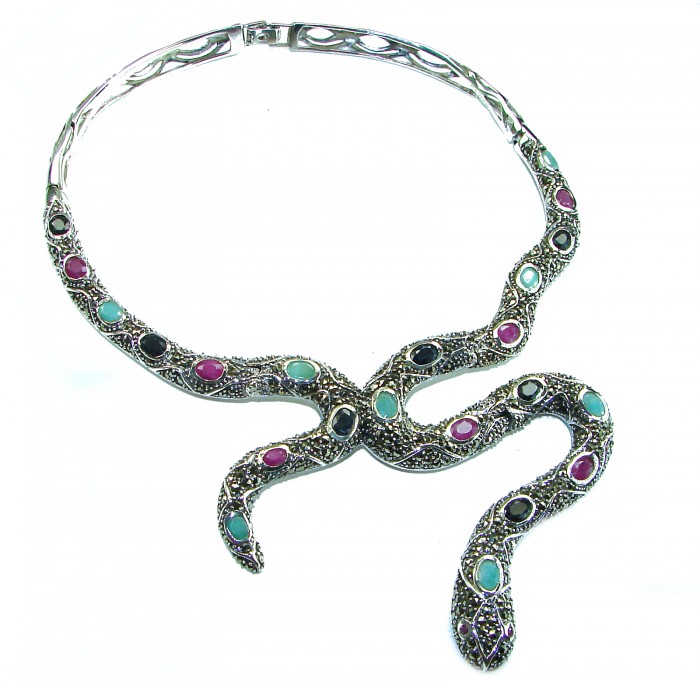Large Snake genuine 18.5 carat Ruby from Madagaskar Marcasite .925 Sterling Silver handcrafted necklace - Snake necklace front view with gemstones and intricate details
