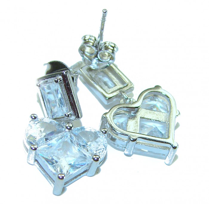 Passion Heart 8.8 carat Authentic White Topaz .925 Sterling Silver Handcrafted earrings - Close-up of Passion Heart white topaz earrings with sterling silver.