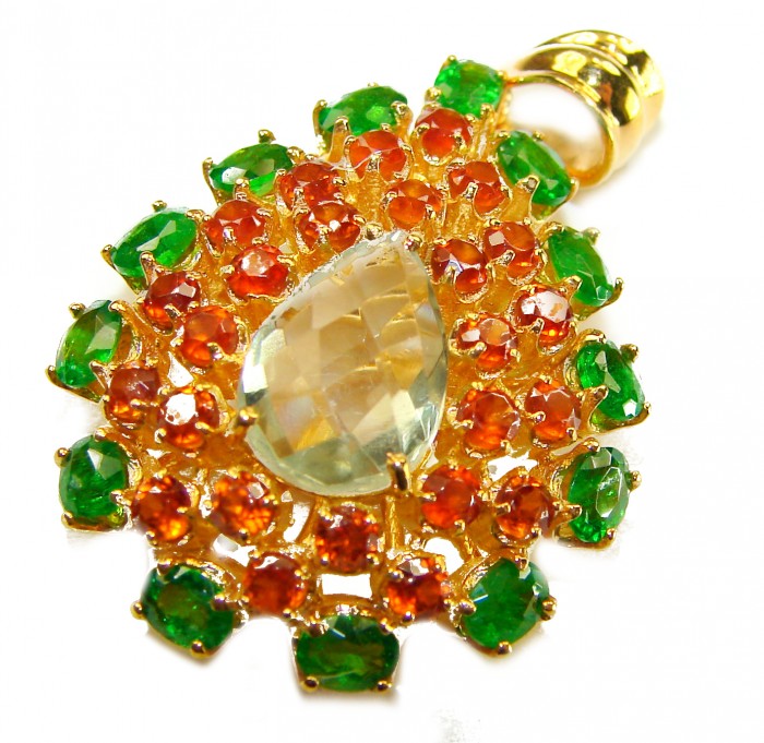 Giovanna - Authentic 39.9 carat Brazilian Citrine .925 Sterling Silver dipped in 18K Gold handcrafted Pendant - Vibrant citrine pendant with green and orange stones, top view.