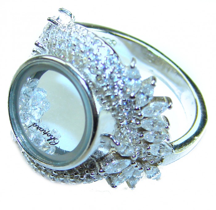 Floating Memories 12.5 carat White Topaz .925 Sterling Silver Handcrafted Ring size 6 1/4 - Side view of Floating Memories ring with sparkling white topaz details.
