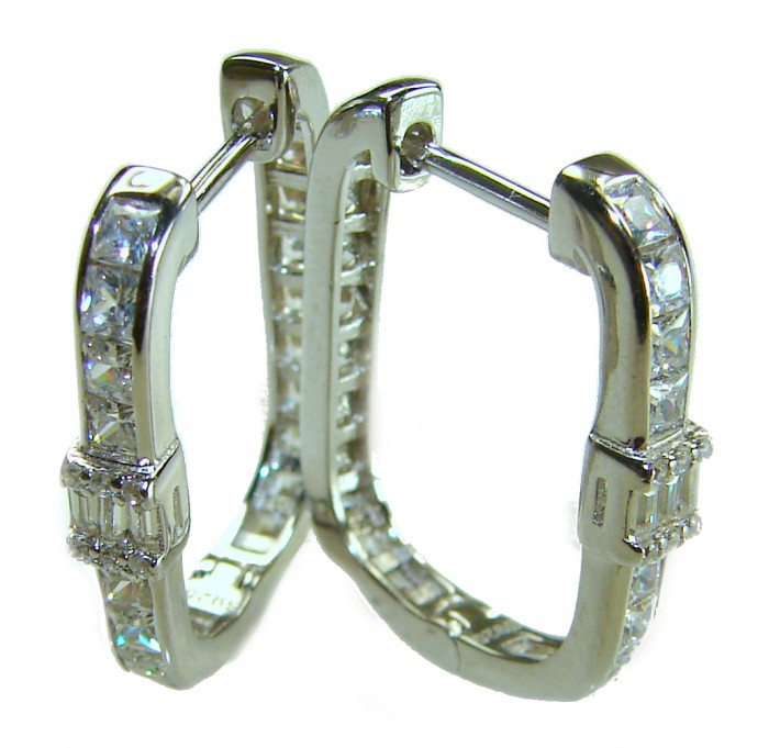 Art Deco - Luxurious natural 12.5 carat White Topaz .925 Sterling Silver Perfectly handcrafted Earrings - Side view of Art Deco white topaz hoop earrings in .925 sterling silver