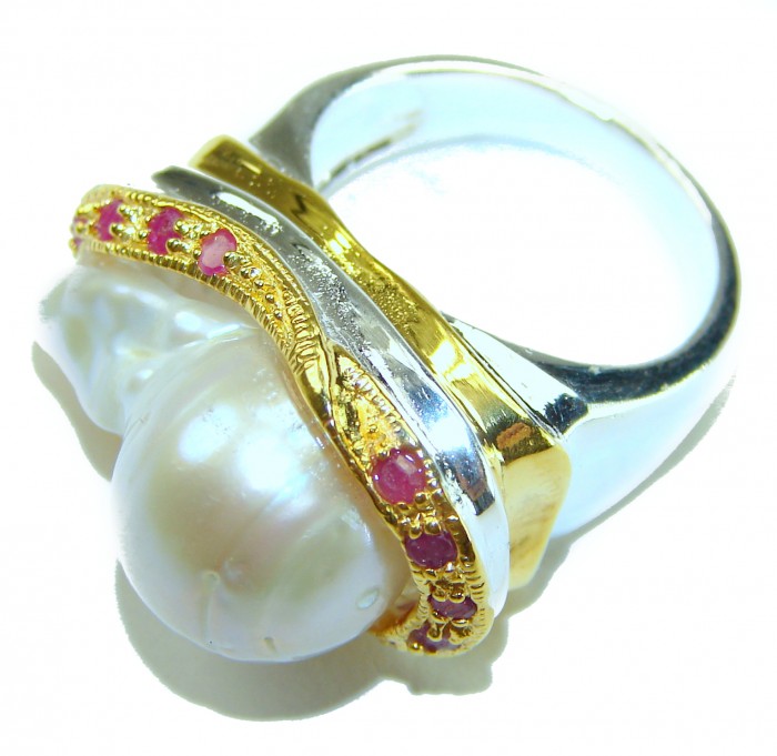 Huge Authentic rare Mother of Pearl Ruby 18K Gold over .925 Sterling Silver handcrafted ring; s. 7 - Side view of mother of pearl and ruby ring with 18K gold accents