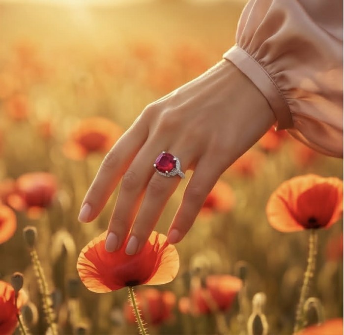 Carmen Natural 12.4 carat Ruby .925 Sterling Silver dipped in Rhodium handmade Statement Ring size 5 1/4 - Ruby ring on hand in poppy field, showcasing stone and silver setting.