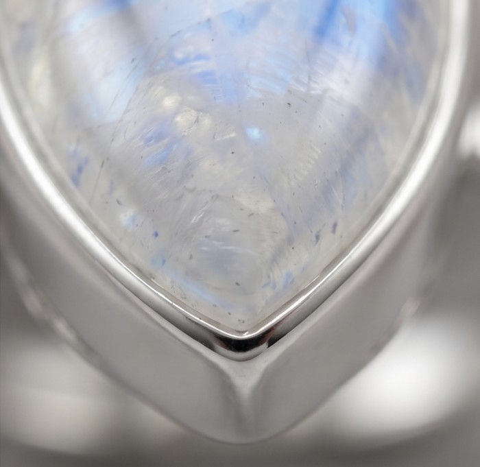 Ice Queen Rainbow top quality Moonstone .925 Sterling Silver handmade ring s. 8 1/4 - Close-up of moonstone in sterling silver setting.