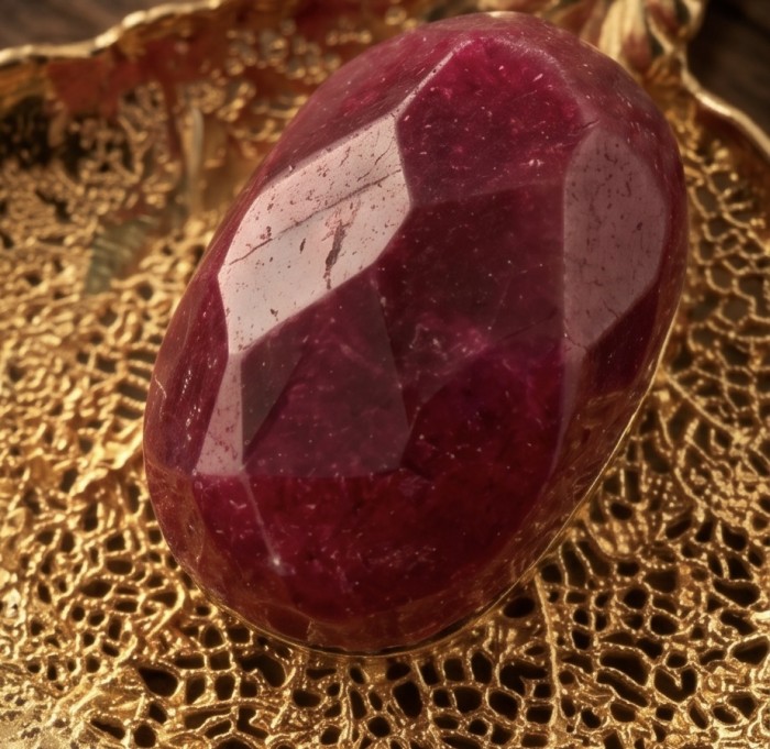 REAL Leaf dipped in copper Ruby stone 22.2 Golden Topaz & .925 Sterling Silver Pendant - Ruby stone close-up on gold lace background