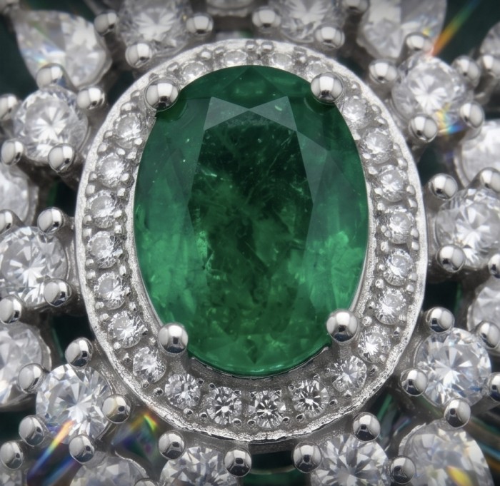 Isabella 3.8 carat Emerald .925 Sterling Silver Perfectly handcrafted pendant - Emerald stone close-up with diamond halo on sterling silver setting.