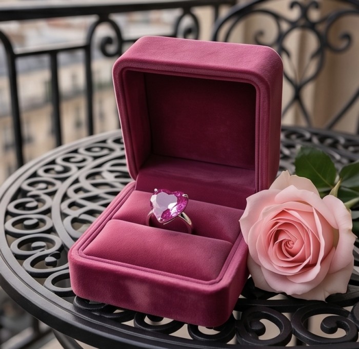Angel's Heart Luxurious 19.8 carat Pink Sapphire .925 Silver handcrafted Cocktail Ring s. 7 3/4 - Heart-shaped pink sapphire ring in velvet box on ornate table with pink rose.