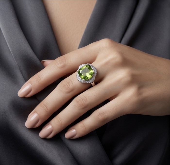 Royalty 9.9 carat authentic Himalayan Peridot .925 Sterling Silver Handcrafted Statement Ring size 7 - Himalayan Peridot ring worn on hand, showing stone and setting.