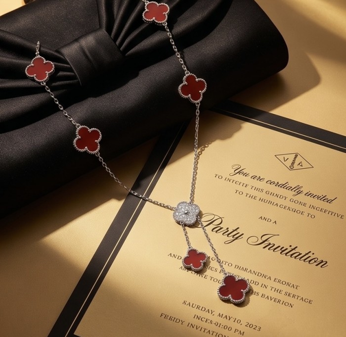 Outstanding 20 inches long Carnelian Lucky Four Leaf Clover .925 Sterling Silver necklace - Carnelian four-leaf clover necklace, flat lay with invitation card.