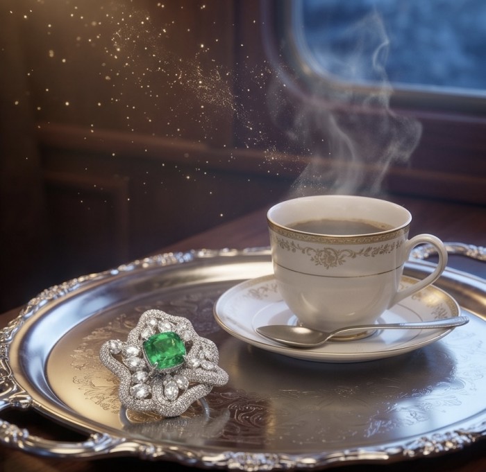 Exotica Natural 5.4 carat Tsavorite Garnet .925 Sterling Silver handmade Large Statement Ring size 7 - Elegant tsavorite garnet ring on tray with coffee, side view.