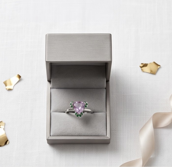 Purple Queen trillion cut 5.2 carat Amethyst .925 Sterling Silver Handcrafted Ring size 10 - Amethyst ring in box, top view with ribbon and confetti details.