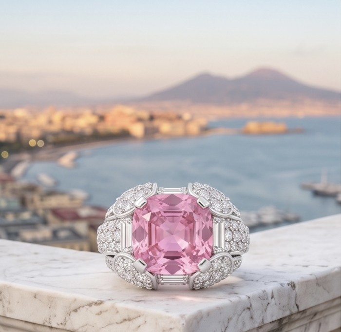 Anastasia 10.2 carat Pink Sapphire .925 Sterling Silver dipped in Rhodium Handcrafted Statement Ring size 8 - Close-up of Anastasia 10.2 ct pink sapphire ring on marble ledge