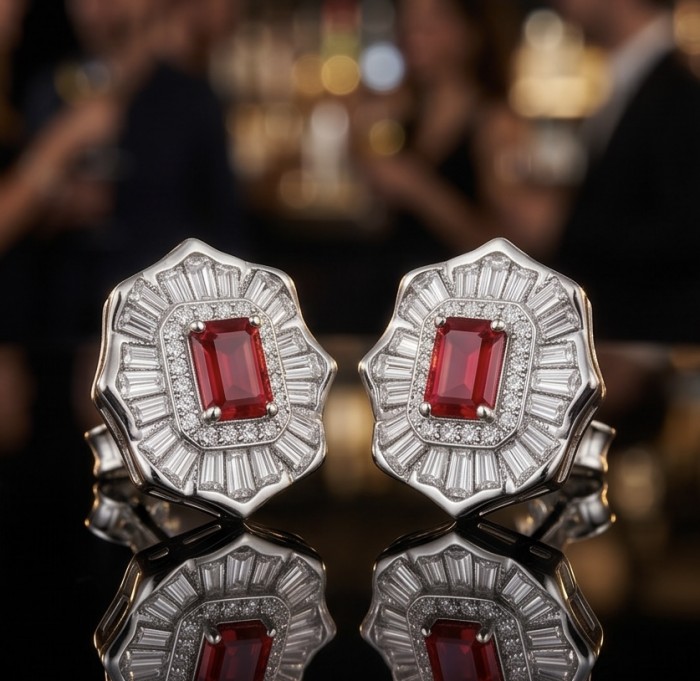 Art deco - Natural 0.7 carat Mozambique Ruby .925 Sterling Silver Handcrafted Earrings - Close-up of Art Deco ruby earrings in .925 sterling silver.