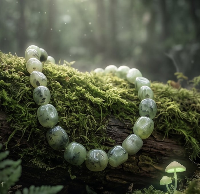 Power of Nature 175.5 carat Moss Prehnite .925 Sterling Silver handcrafted Large necklace - Moss Prehnite necklace on mossy log in forest setting