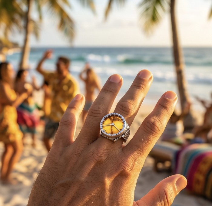 It's 4 O'Clock Somewhere Watch Authentic Baltic Amber .925 Sterling Silver handcrafted ring; s. 7 adjustable - Worn on hand Baltic Amber watch ring with blurred beach background