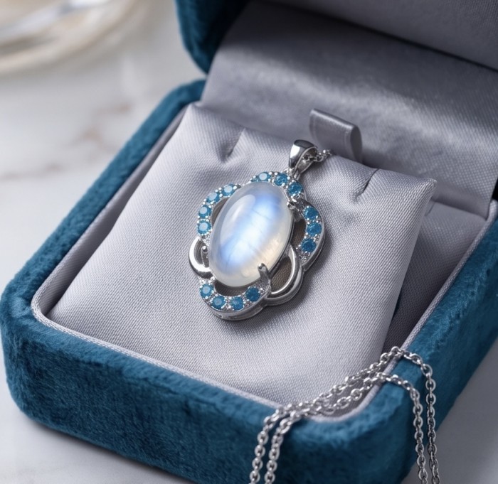 Genuine 7.2 carat Fire Moonstone .925 Sterling Silver handcrafted pendant - Moonstone pendant close-up in blue velvet box
