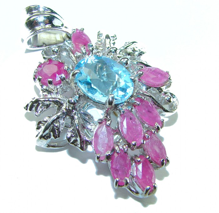 Precious Treasure 8.5 carat Swiss Blue Topaz Ruby .925 Sterling Silver handmade Pendant - photo 2