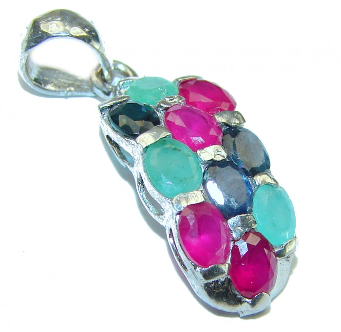 Precious Genuine Ruby Emerald Sapphire .925 Sterling Silver handmade Pendant - photo 1