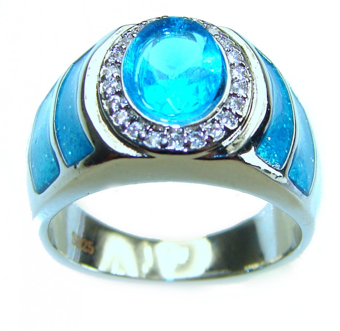 Glory 5.5 carat Swiss Blue Topaz inlay doublet Opal .925 Sterling Silver handmade Statement Ring s. 6 1/4 - photo 3