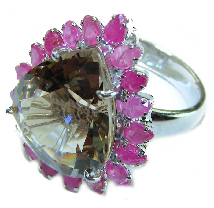 Egyptian Night 15.5 carat Champagne Smoky Topaz Ruby .925 Sterling Silver Ring size 8 1/2 - photo 1
