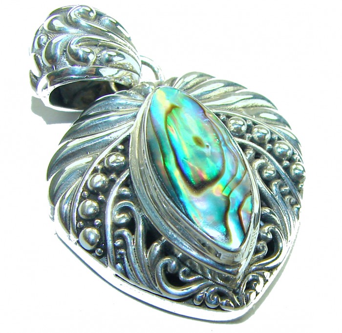 Gift of the Sea Natural Rainbow Abalone .925 Sterling Silver handmade Pendant - Close-up of abalone pendant in ornate sterling silver setting
