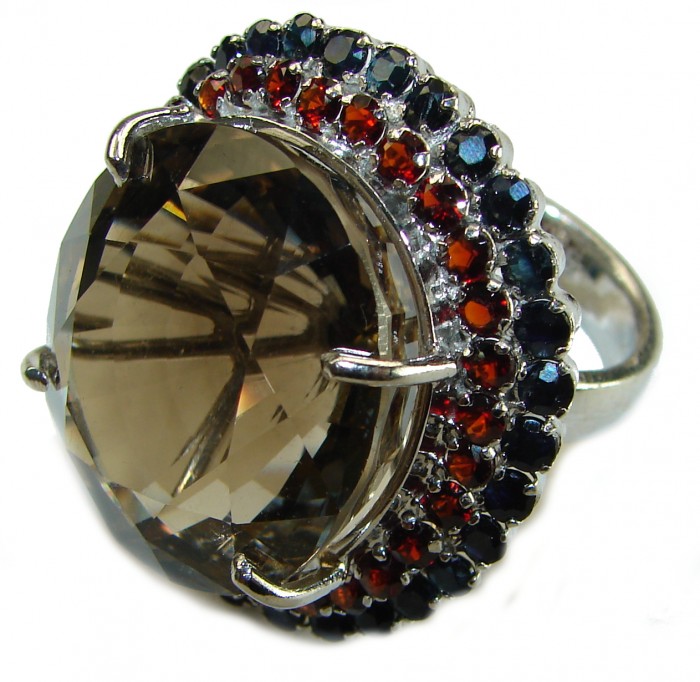Celestial Energy 40.5 carat Champagne Smoky Topaz .925 Sterling Silver Oversized Ring size 7 1/4 - Close-up of Celestial Energy ring with smoky topaz and colorful gemstones.