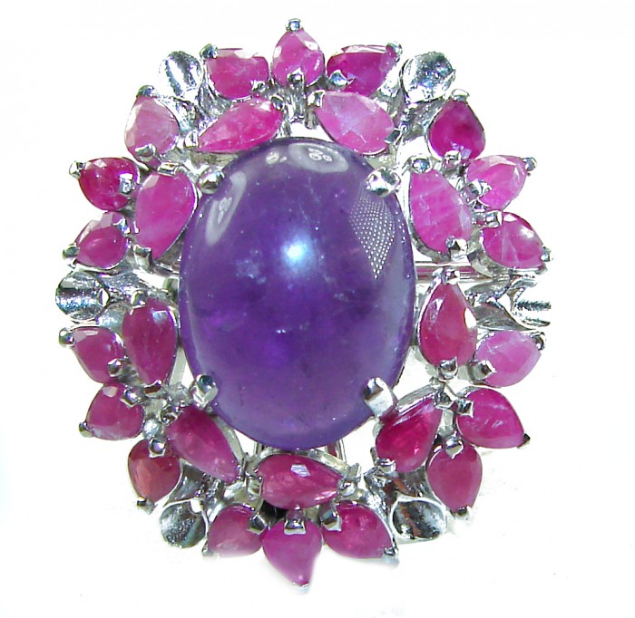 Tiffany 15.2 carat natural Amethyst Ruby .925 Sterling Silver Handcrafted Large Ring size 7 3/4 - Amethyst and ruby ring front view with sterling silver setting